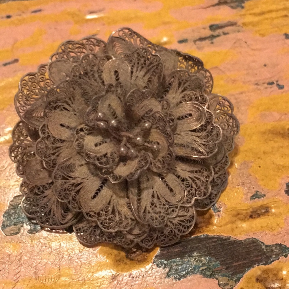 Sterling filigree flower brooch
